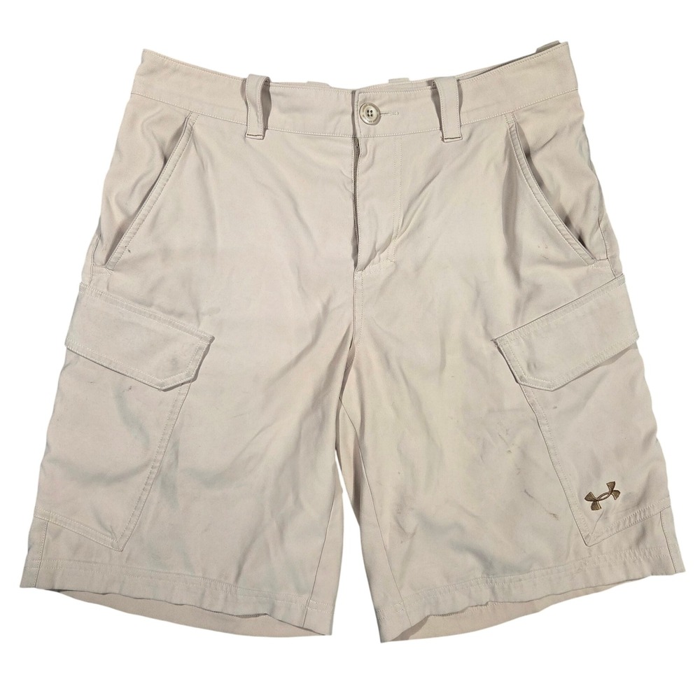 Under Armour Mens HeatGear Cargo Shorts Tan Khaki Loose Fit Size 32 6-Pocket
